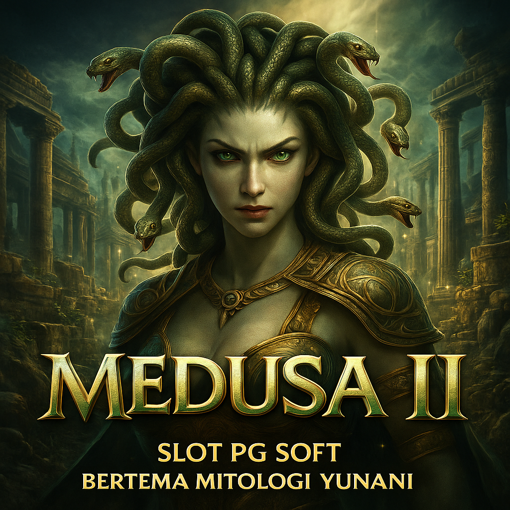 Ilustrasi Medusa II Slot menampilkan karakter Medusa berambut ular dengan latar kuil Yunani kuno bergaya PG Soft.